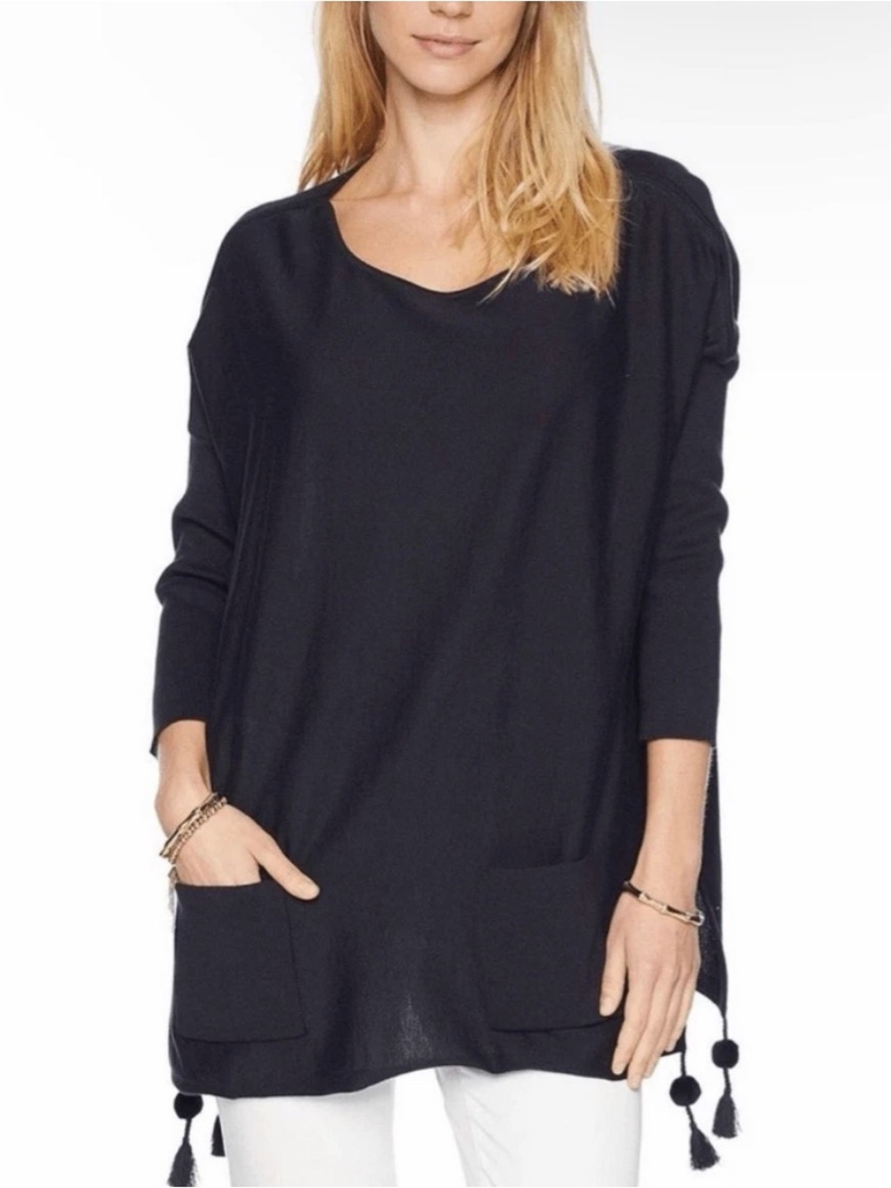 LILLY PULITZER Sweater Womens S Elba Tunic Black Tassels Beach Coverup Coast